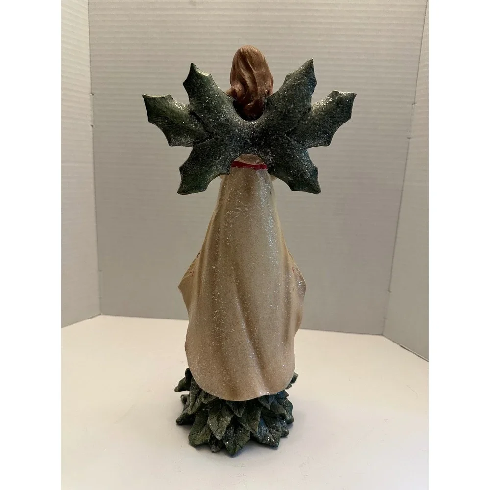 Christmas Angel Figurine Holly Wings Evergreen Tree Base Resin Holiday‎ Decor